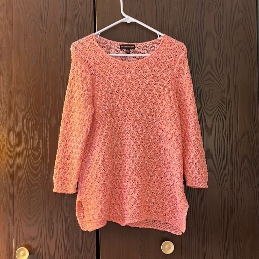 Dana Buchman peach colored knit sweater. 3/4 sleeves. Peekaboo knit. Size Large.